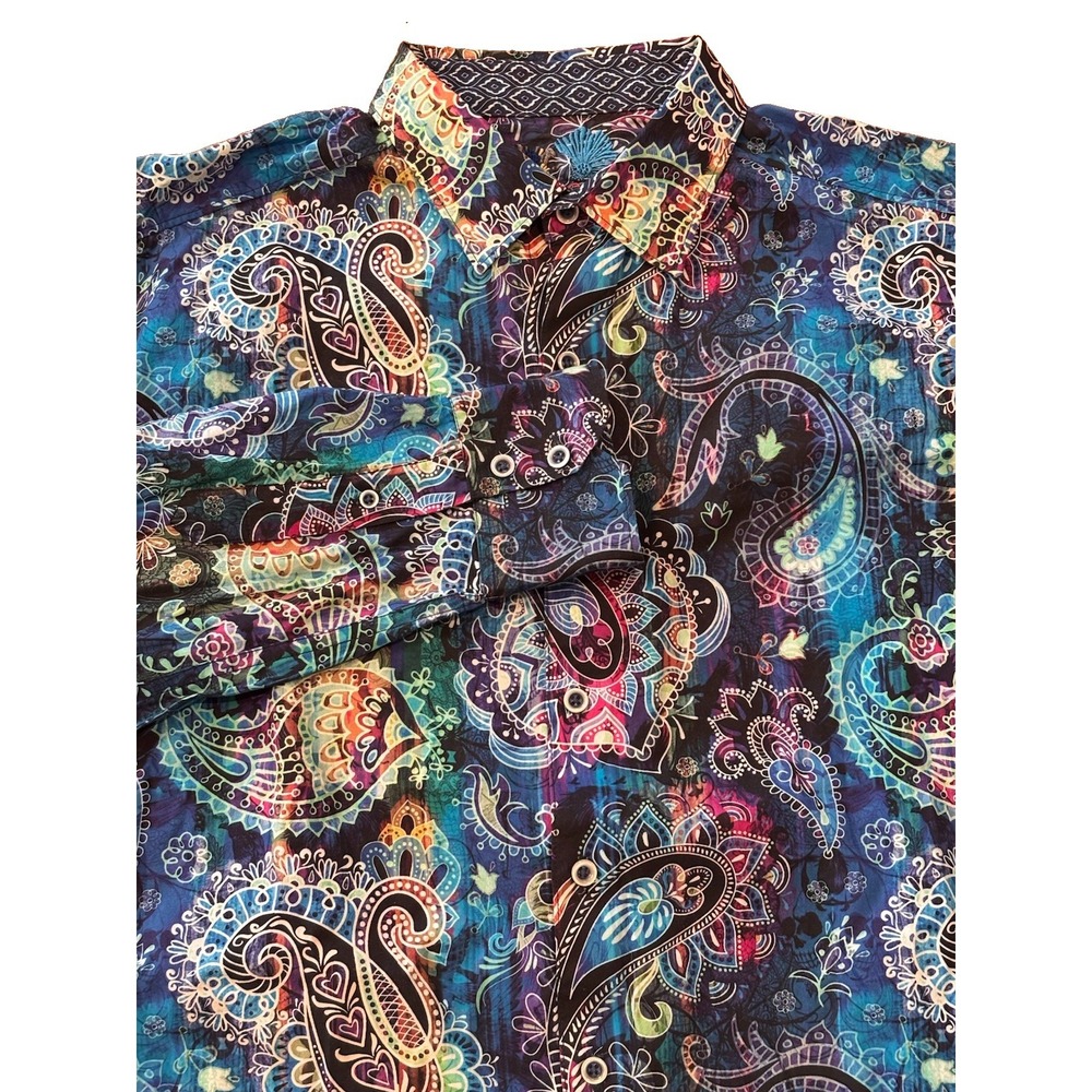 Robert Graham Mens M Blue Paisley Flip Cuff Casual Shirt Long Sleeve Batik Color - Picture 3 of 9